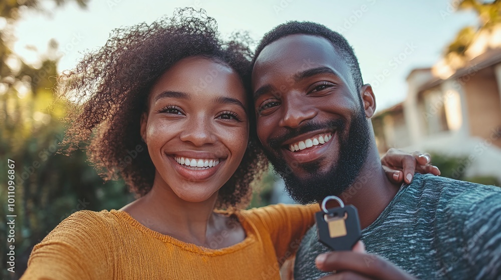 proud young couple holding keys to their new home in the front yard ...