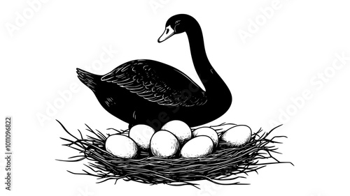 Cob swan guarding nest while pen incubates eggs, vector illustration art