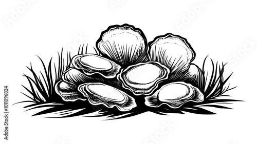 A cluster of oysters grow on a submerged object, their shells layered closely together, vector illustration art