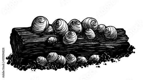 Cluster of snail eggs laid in soil under a rotting log, vector illustration art