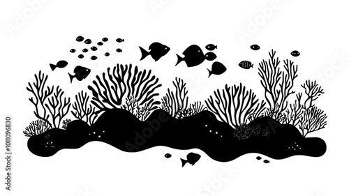 A coral reef complex spread across the ocean floor, with small marine organisms nestled among its structures, vector illustration art