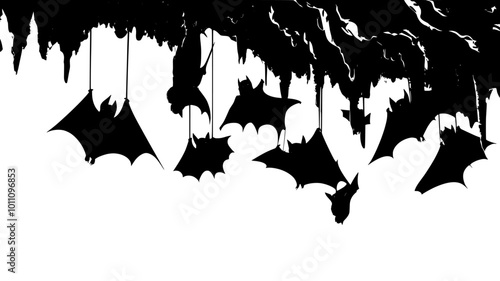 Colony of bats hanging upside down from the ceiling of a cave, vector illustration art