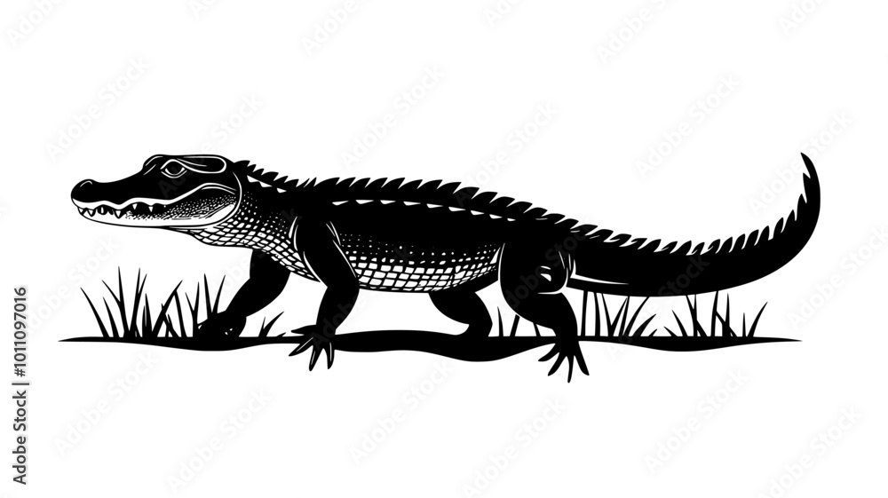 Obraz premium Crocodile on land in a high walk with belly off the ground, vector illustration art