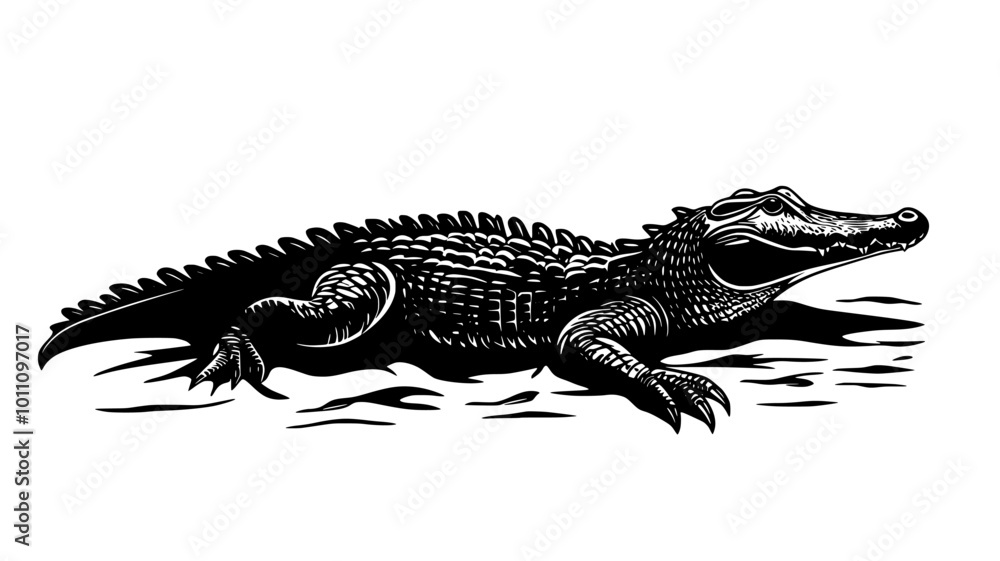 Fototapeta premium Crocodile sunbathing on dry land, body stretched out in a relaxed position, vector illustration art