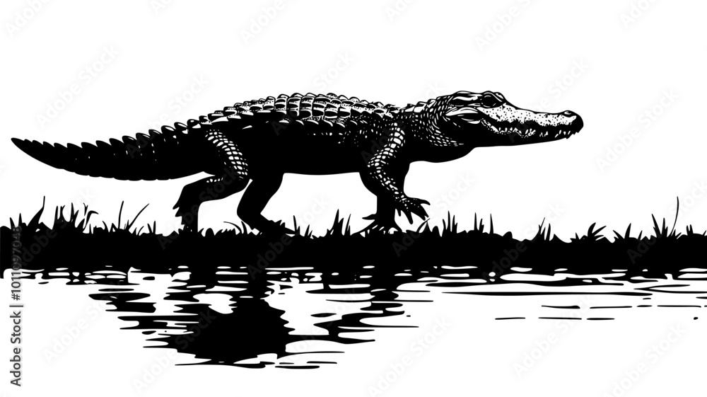 Naklejka premium Crocodile walking toward riverbank, legs moving steadily, vector illustration art
