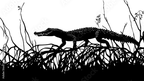 Crocodile lurking among mangrove roots in a swamp, vector illustration art