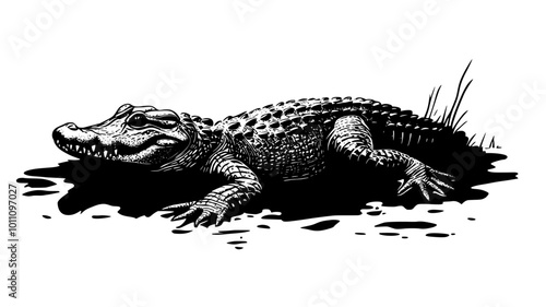 Crocodile lying on its stomach in a swamp, body covered in wet mud, vector illustration art