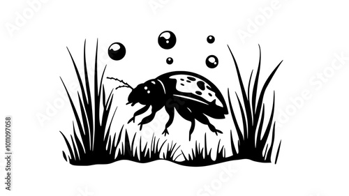 Diving beetle swimming underwater in pond, air bubble visible, vector illustration art