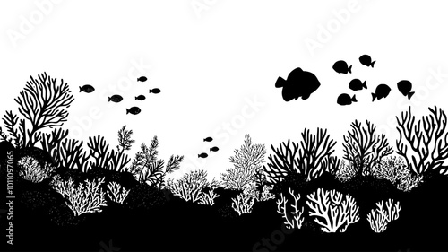 A coral structure growing near an underwater drop-off, providing shelter for small fish, vector illustration art