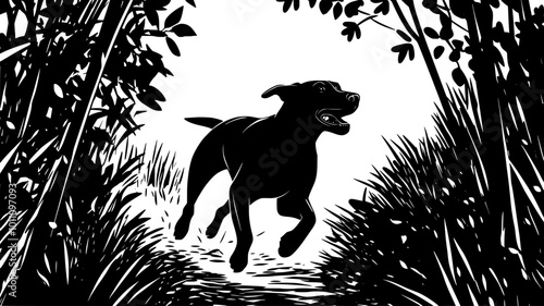 Dog running through a narrow forest path, eyes focused ahead, vector illustration art photo