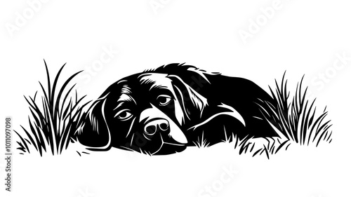 Dog lying on the ground in a park, head on paws, eyes half-closed, vector illustration art