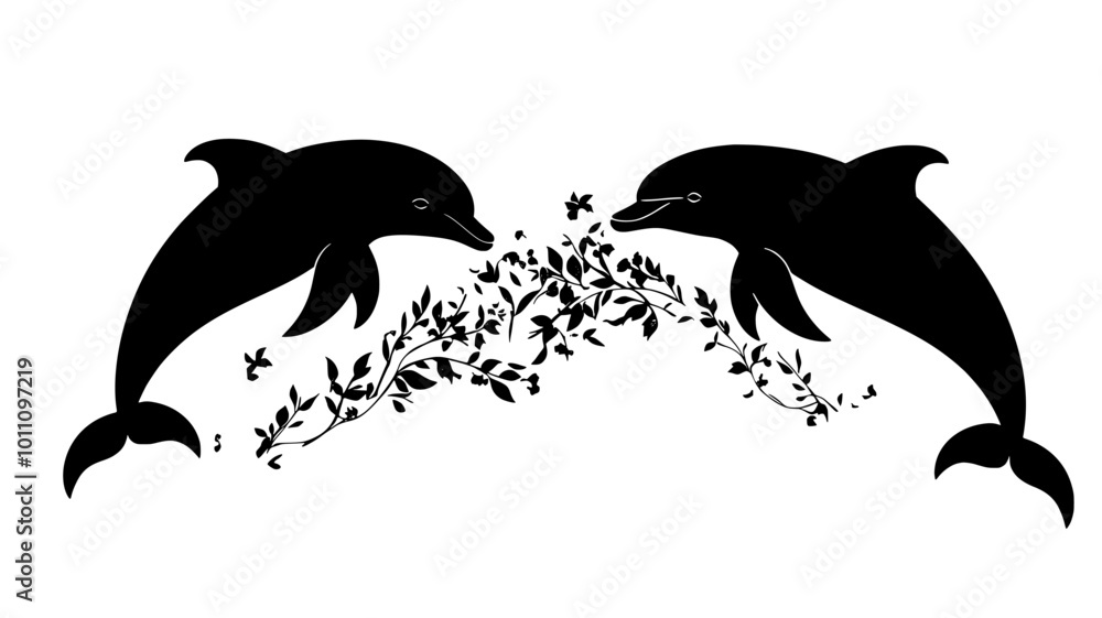 Fototapeta premium Dolphins playing with seaweed, tossing it between them, vector illustration art