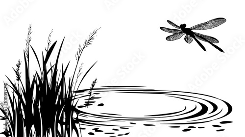 A dragonfly circles over a calm pond, gliding smoothly over the water’s surface, vector illustration art