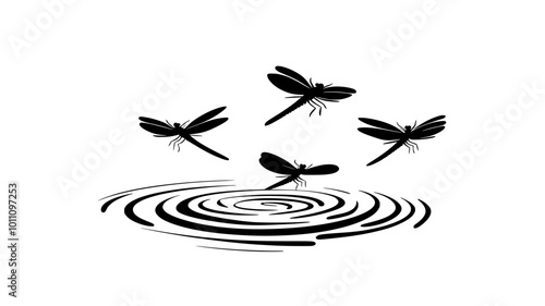 Dragonflies flying in formation over a pond surface, vector illustration art