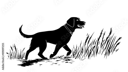 Dog walking along a dirt path in a quiet field, tail wagging, vector illustration art