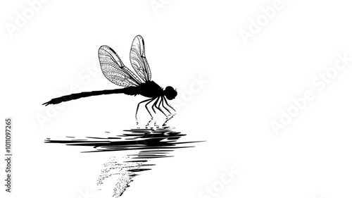 A dragonfly skims the water's surface, its legs just barely touching, vector illustration art