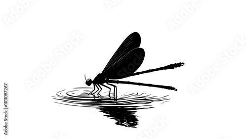 Dragonfly nymph emerging from the water to molt, vector illustration art