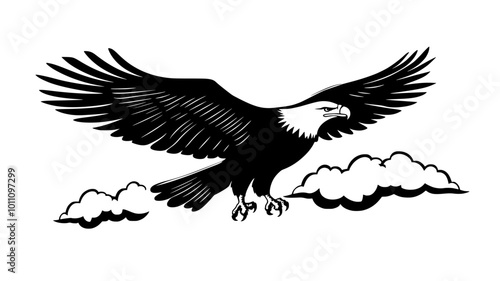 Eagle soaring with wings fully extended against cloudy sky, vector illustration art