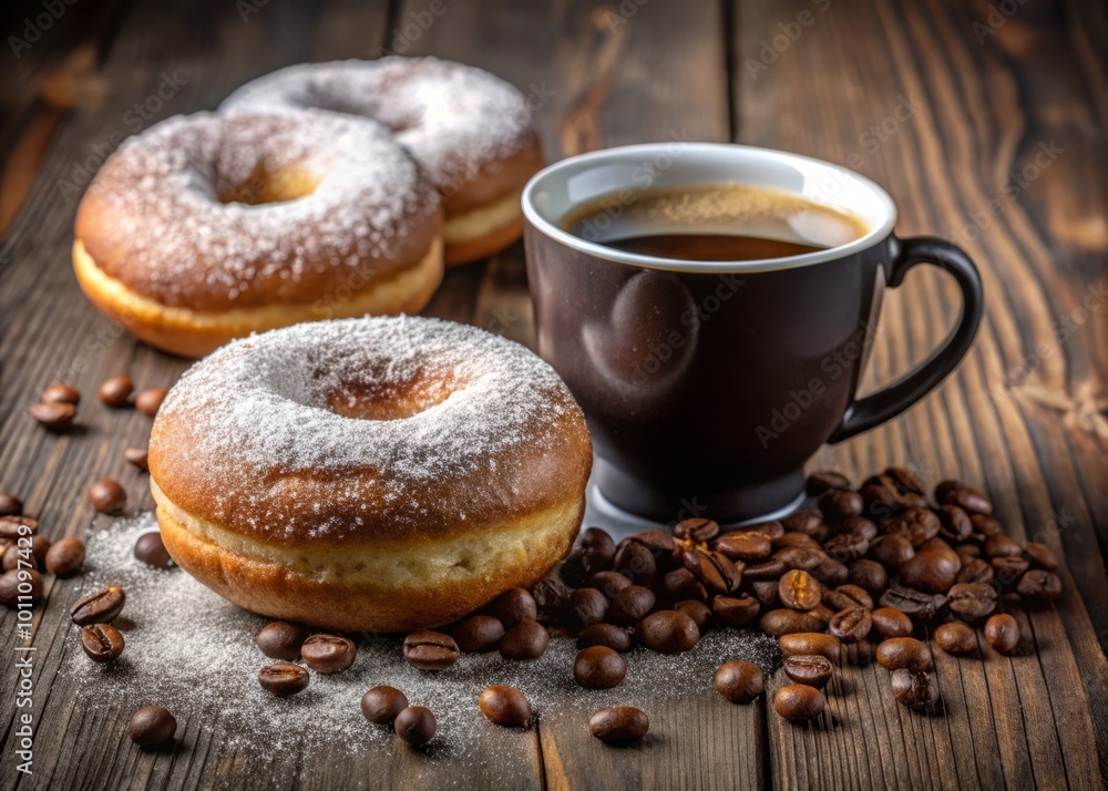 Indulge in a delectable donut adorned with sugar balls, perfectly paired with a steaming cup of coffee – Indulge in a delectable donut adorned with sugar balls, perfectly paired with a steaming cup of coffee –