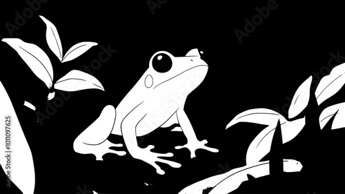 Frog camouflaged among leaves on forest floor, barely visible, vector illustration art