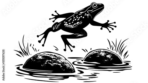 Frog mid-leap between two rocks in a stream, vector illustration art