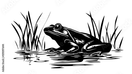 Frog crouched by the edge of a pond, partially submerged, vector illustration art