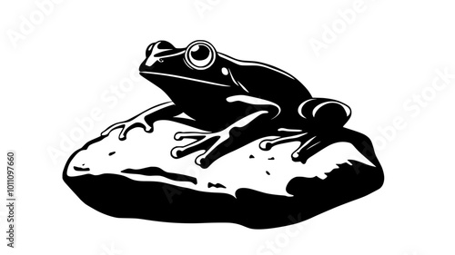 Frog resting on a large rock with eyes visible, legs tucked close, vector illustration art