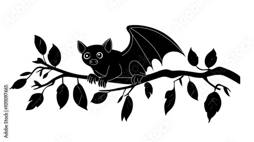 Fruit bat clinging to a tree branch with wings wrapped around, vector illustration art