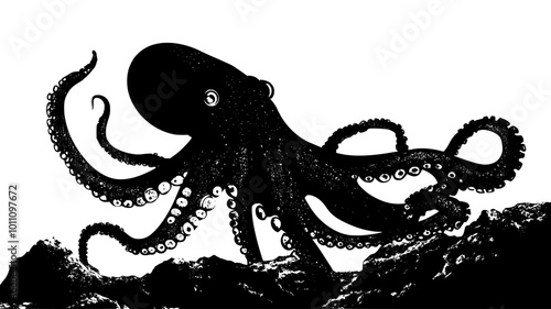 Giant Pacific octopus spreading its arms across the rocky seafloor, vector illustration art