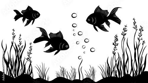 Goldfish feeding at the surface of an aquarium tank, vector illustration art