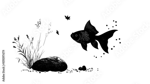 Goldfish hovering in place near a decorative rock, fins moving steadily, vector illustration art
