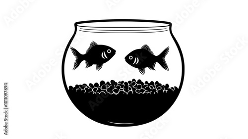 Goldfish in a glass bowl with decorative gravel, vector illustration art