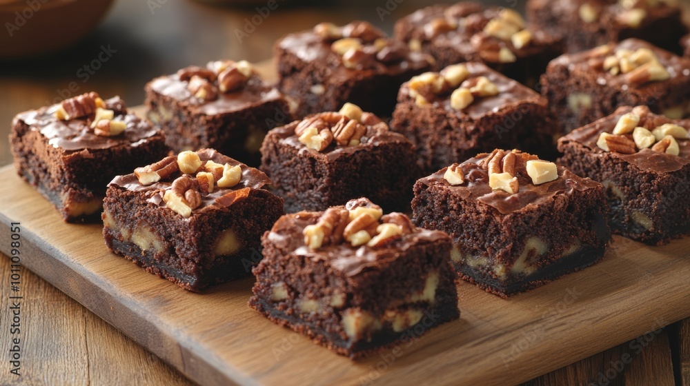 A wooden board piled high with warm, chocolatey brownies, each one topped with crunchy nuts. A wooden board piled high with warm, chocolatey brownies, each one topped with crunchy nuts.
