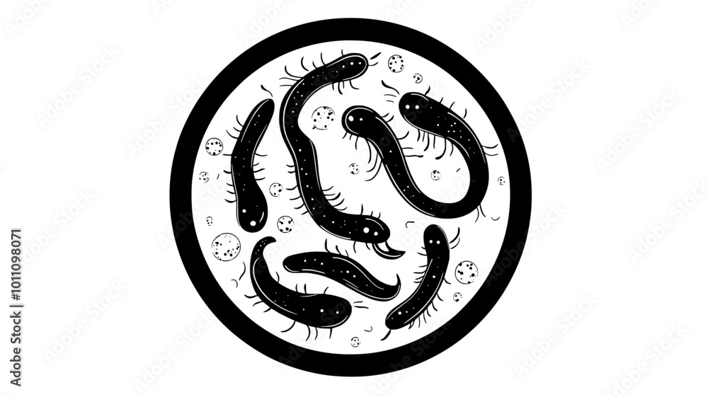Obraz premium A group of C elegans nematodes feeding on bacteria within a laboratory culture dish, vector illustration art