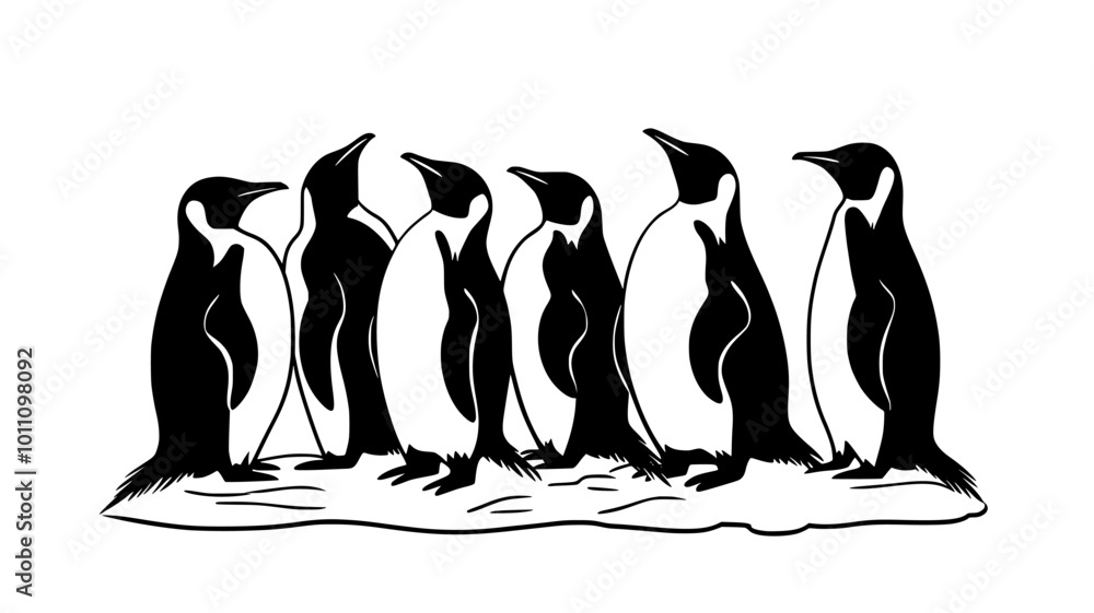 Obraz premium A group of penguins huddles together on an ice sheet, facing the same direction, vector illustration art