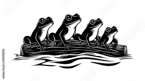 Group of frogs clustered on a log protruding from the water's surface, vector illustration art