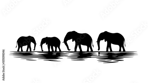 Group of elephants gathered around waterhole, trunks lowered into water, vector illustration art
