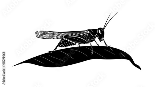 A grasshopper camouflages itself by blending into a large leaf, resting motionless, vector illustration art