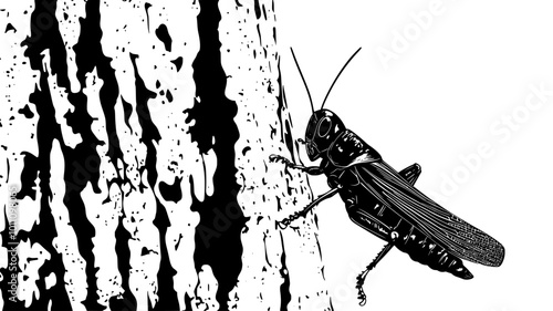 Grasshopper camouflaged against tree bark background, vector illustration art