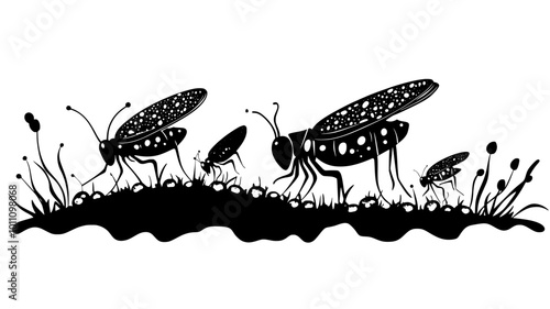 Grasshopper nymphs emerging from underground egg pod, vector illustration art