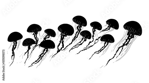 A group of jellyfish swimming together in open water, trailing tentacles behind them, vector illustration art