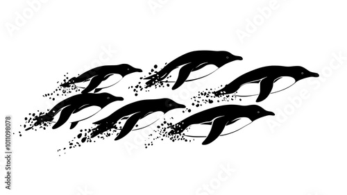 A group of penguins swims underwater, moving through the depths with synchronized strokes, vector illustration art