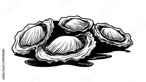 A group of oysters cling to a submerged rock, with shells facing the current, vector illustration art