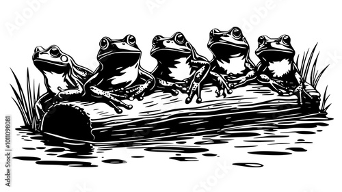 Group of frogs clustered on a log protruding from the water's surface, vector illustration art