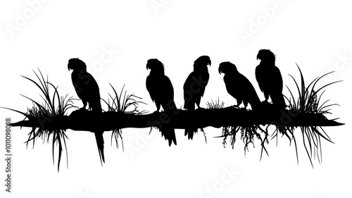 Group of parrots gathered at clay lick on riverbank, vector illustration art