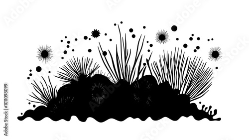 A group of sea urchins gather near a coral reef, surrounded by small bits of debris, vector illustration art