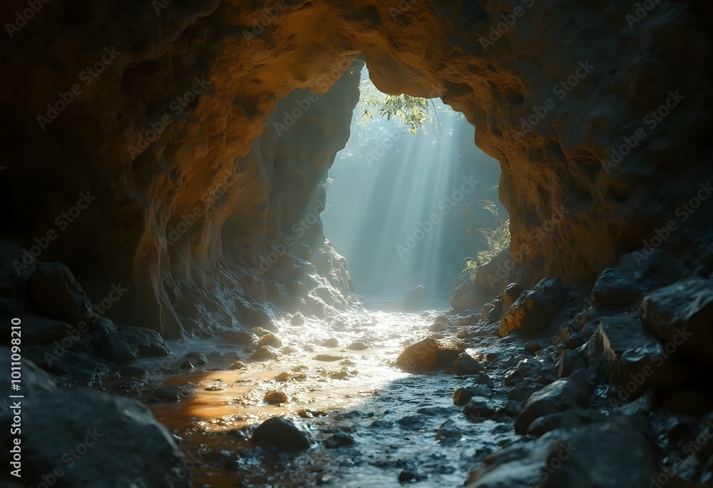 Structured Cave With Sunlight Coming in From A Hole at The Far End Structured Cave With Sunlight Coming in From A Hole at The Far End