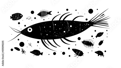 Krill swimming near the ocean surface, surrounded by small marine organisms, vector illustration art