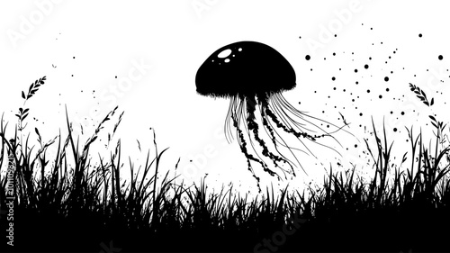 A jellyfish near a seagrass meadow, its bell-shaped body illuminated by light filtering through the water, vector illustration art