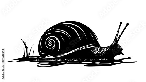 Large snail moving along a wet surface, foot pressing down against the ground, vector illustration art